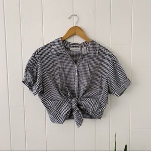 Gingham Star Embroidered Puff Sleeve Tie Up Top